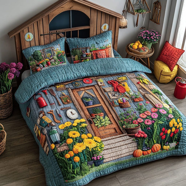 Garden Bliss quilted 3-piece bedding set on a made bed with two matching pillow shams