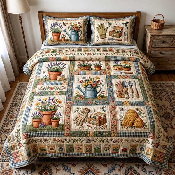 Garden Bloom quilted 3-piece bedding set on a made bed with two matching pillow shams