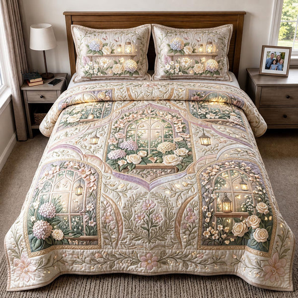 Garden Bloom quilted 3-piece bedding set on a made bed with two matching pillow shams