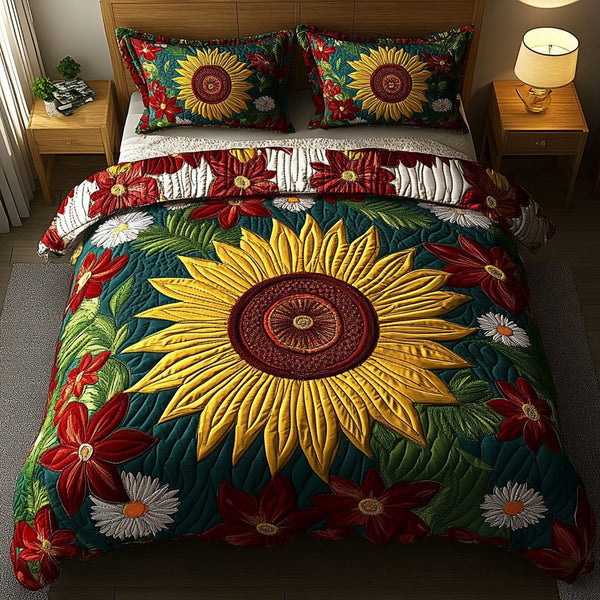 Garden Bloom quilted 3-piece bedding set on a made bed with two matching pillow shams
