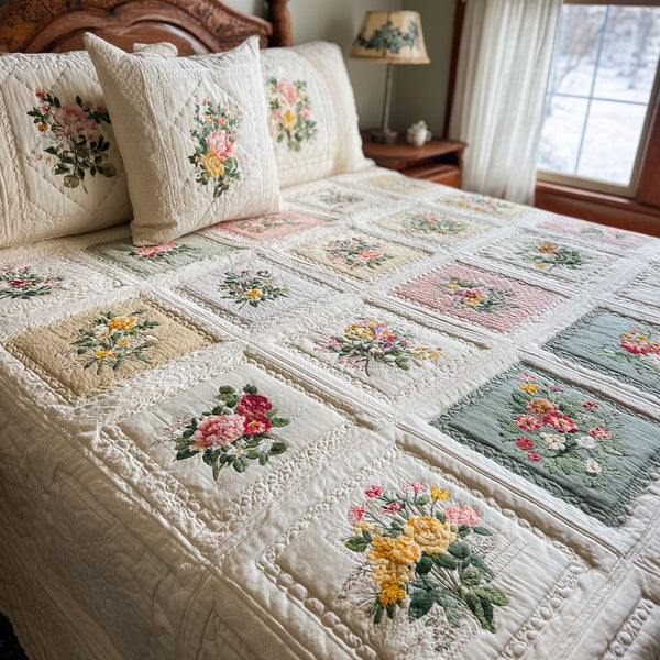 Garden Bloom quilted 3-piece bedding set on a made bed with two matching pillow shams