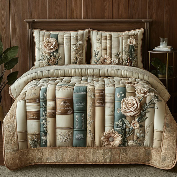 Garden Bookscape quilted 3-piece bedding set on a made bed with two matching pillow shams