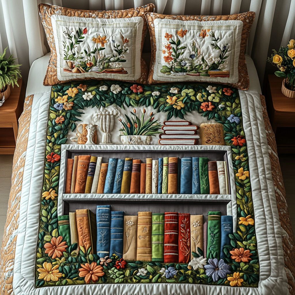 Garden Bookshelf Glow quilted 3-piece bedding set on a made bed with two matching pillow shams
