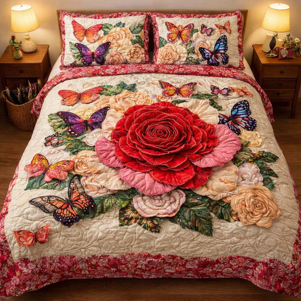 Garden Butterflies quilted 3-piece bedding set on a made bed with two matching pillow shams