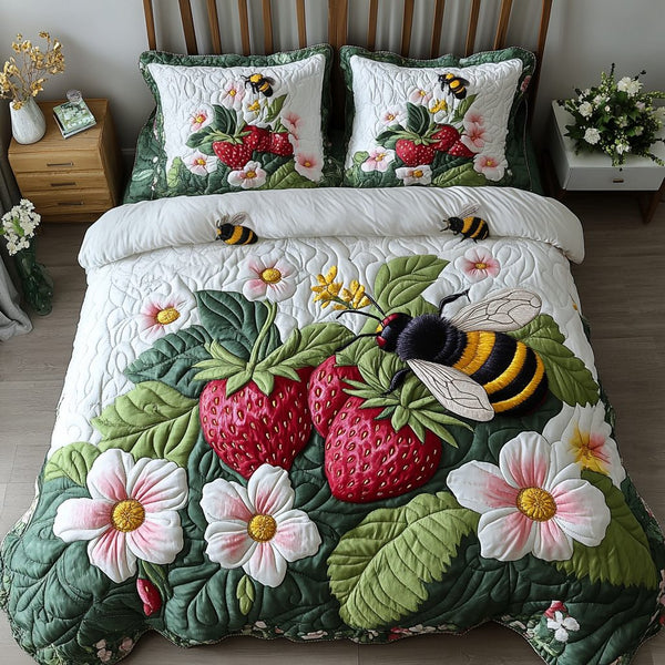 Garden Buzz quilted 3-piece bedding set on a made bed with two matching pillow shams