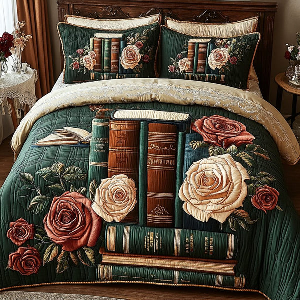 Garden Chapters quilted 3-piece bedding set on a made bed with two matching pillow shams
