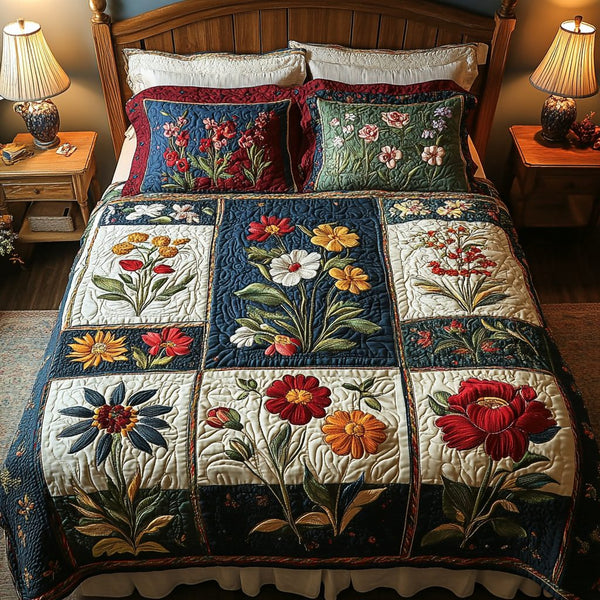 Garden Charm quilted 3-piece bedding set on a made bed with two matching pillow shams