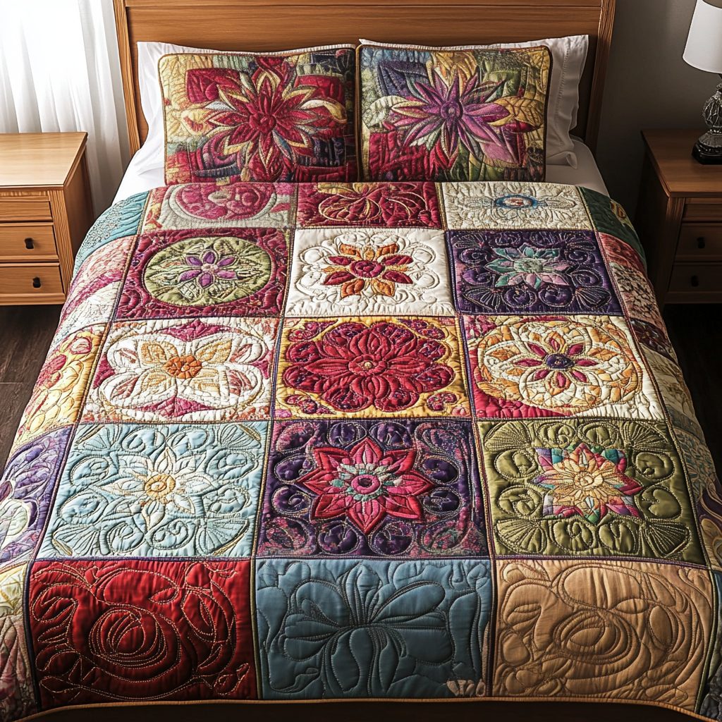Garden Charm quilted 3-piece bedding set on a made bed with two matching pillow shams