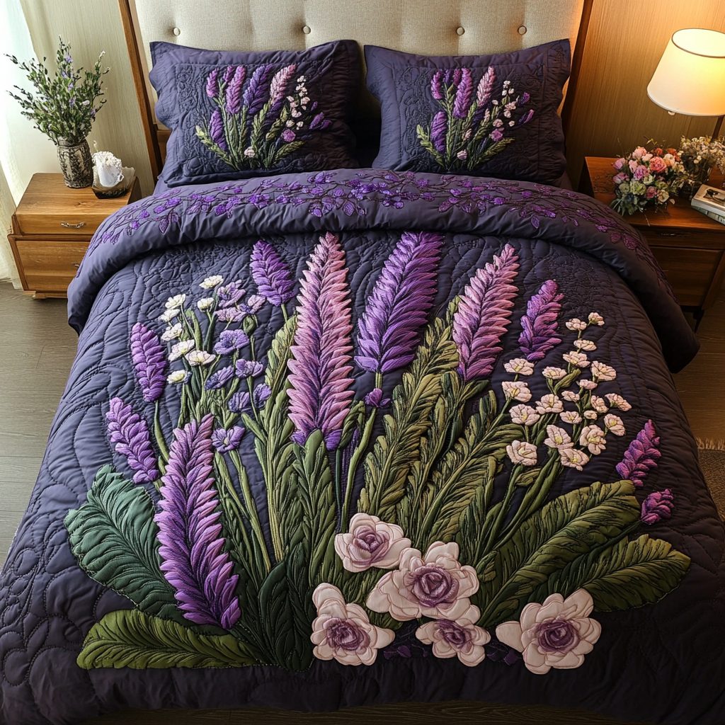 Garden Charm quilted 3-piece bedding set on a made bed with two matching pillow shams