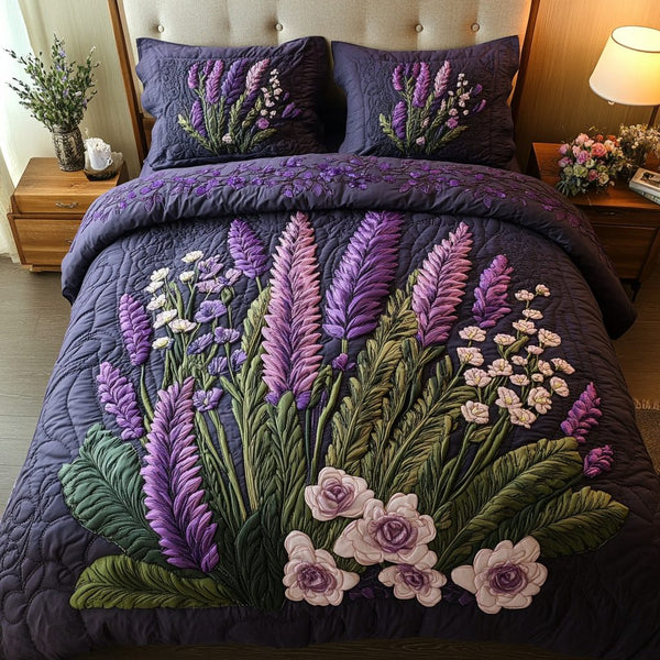 Garden Charm quilted 3-piece bedding set on a made bed with two matching pillow shams