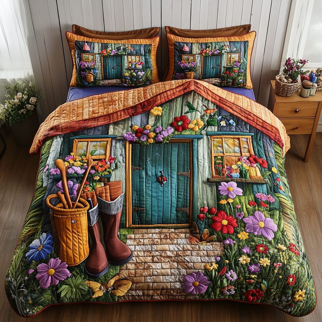 Garden Charm quilted 3-piece bedding set on a made bed with two matching pillow shams