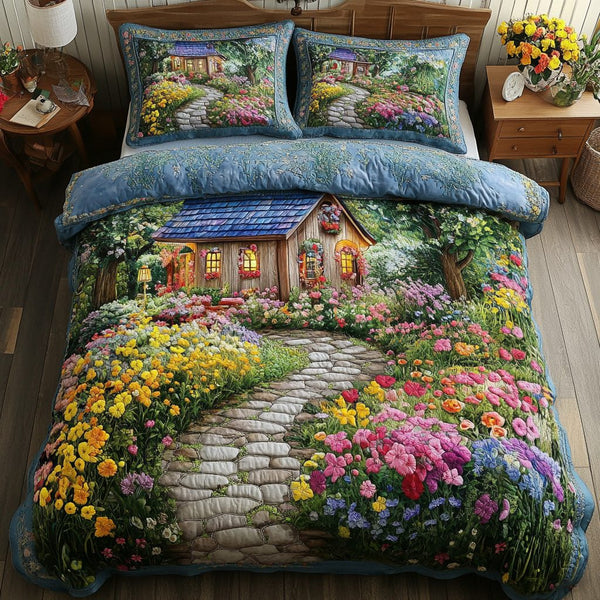 Garden Cottage quilted 3-piece bedding set on a made bed in a farmhouse bedroom
