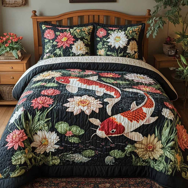Garden Current quilted 3-piece bedding set on a made bed with two matching pillow shams