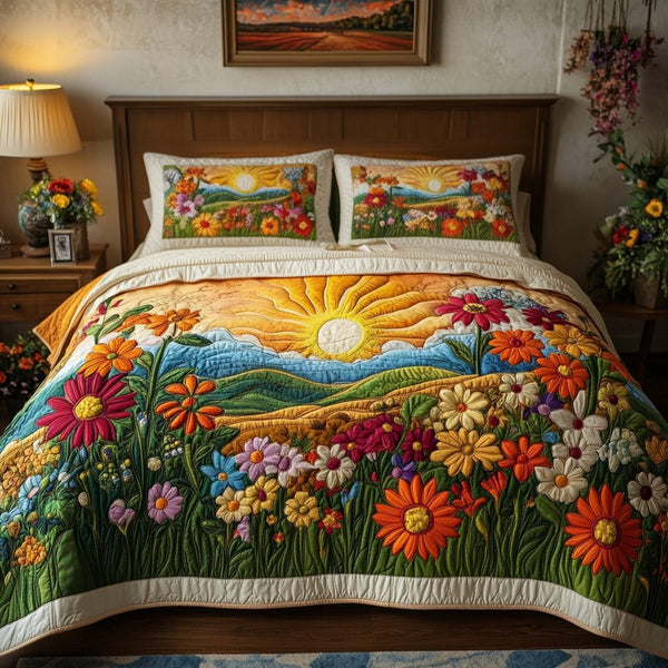 Garden Dawn quilted 3-piece bedding set on a made bed with two matching pillow shams