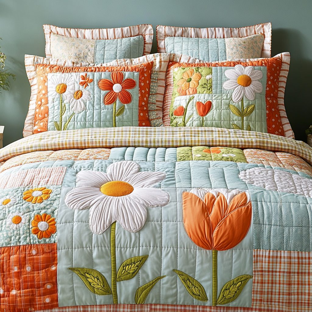 Garden Dream quilted 3-piece bedding set on a made bed with two matching pillow shams