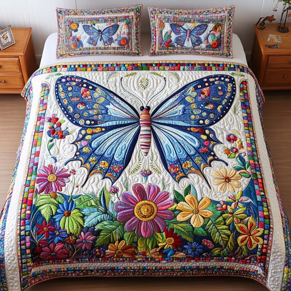 Garden Dreams quilted 3-piece bedding set on a made bed with two matching pillow shams