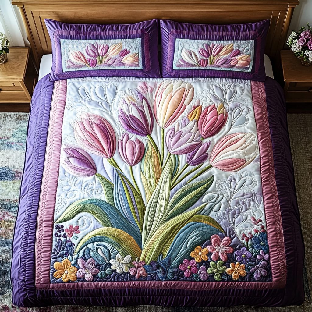 Garden Dreams quilted 3-piece bedding set on a made bed with two matching pillow shams