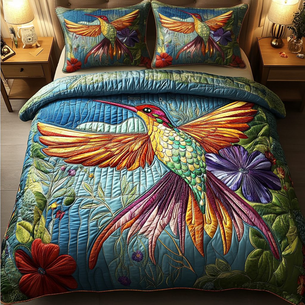 Garden Escape quilted 3-piece bedding set on a made bed with two matching pillow shams