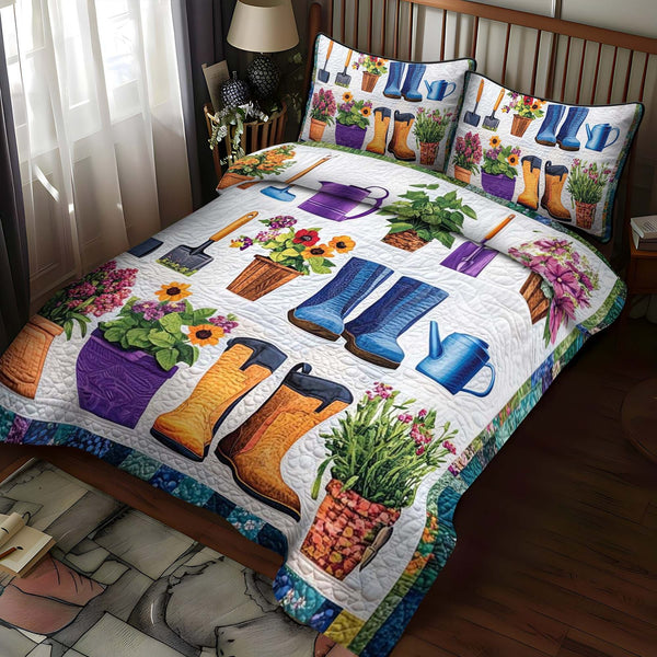 Garden Essentials quilted 3-piece bedding set on a made bed with two matching pillow shams