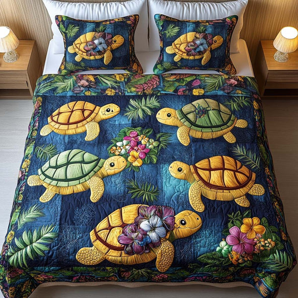 Garden Explorers quilted 3-piece bedding set on a made bed with two matching pillow shams