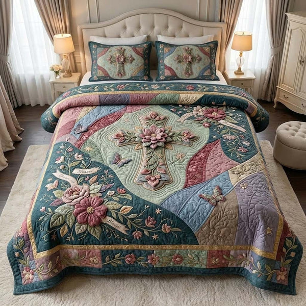 Garden Faith quilted 3-piece bedding set on a made bed in a softly lit bedroom