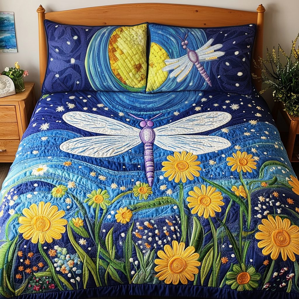 Garden Flight quilted 3-piece bedding set on a made bed with two matching pillow shams