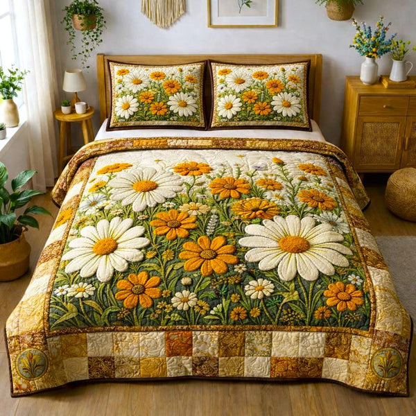 Garden Flowers quilted 3-piece bedding set on a made bed with two matching pillow shams