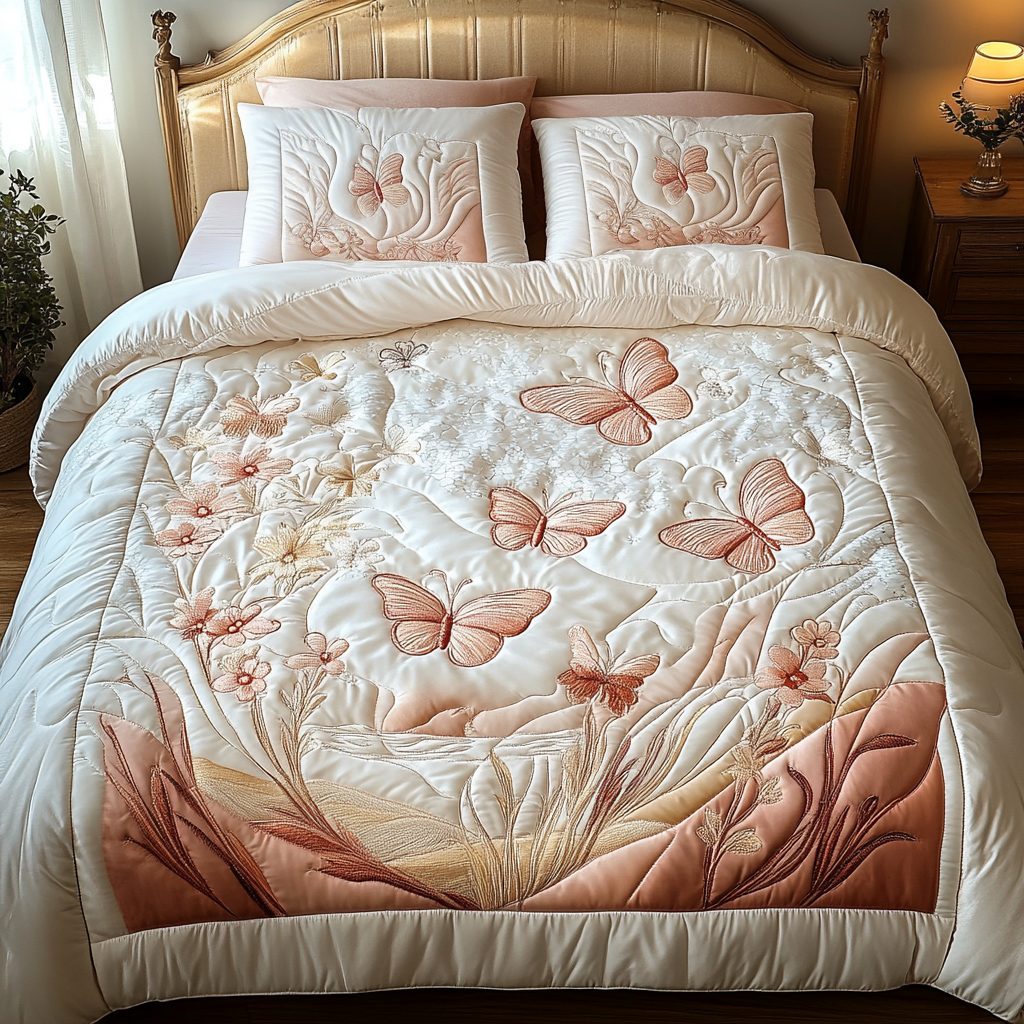 Garden Flutter quilted 3-piece bedding set on a made bed with two matching pillow shams