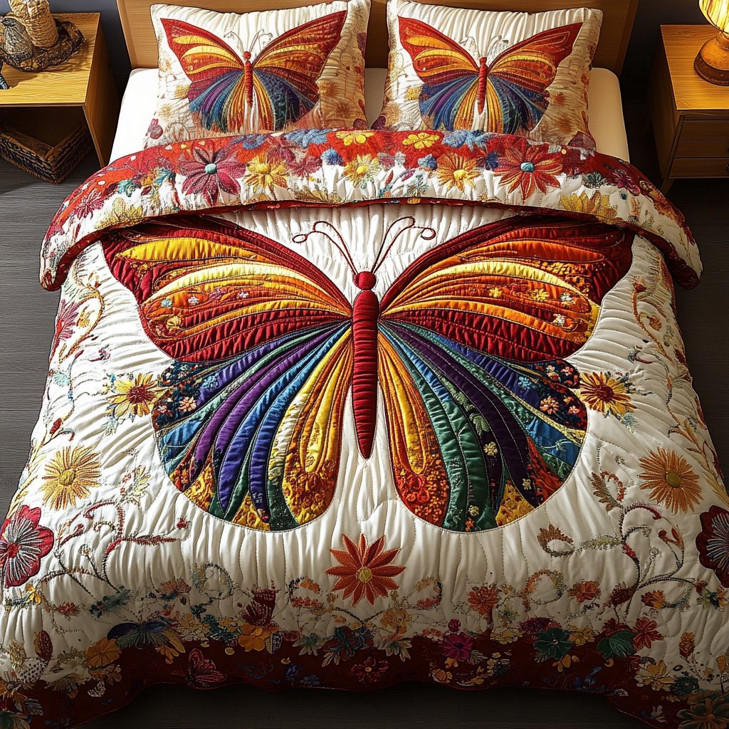 Garden Flutter quilted 3-piece bedding set on a made bed with two matching pillow shams