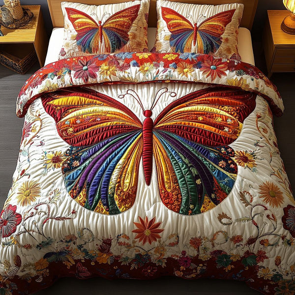 Garden Flutter quilted 3-piece bedding set on a made bed with two matching pillow shams