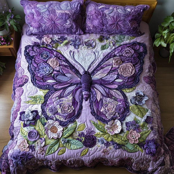 Garden Flutter quilted 3-piece bedding set on a made bed with two matching pillow shams