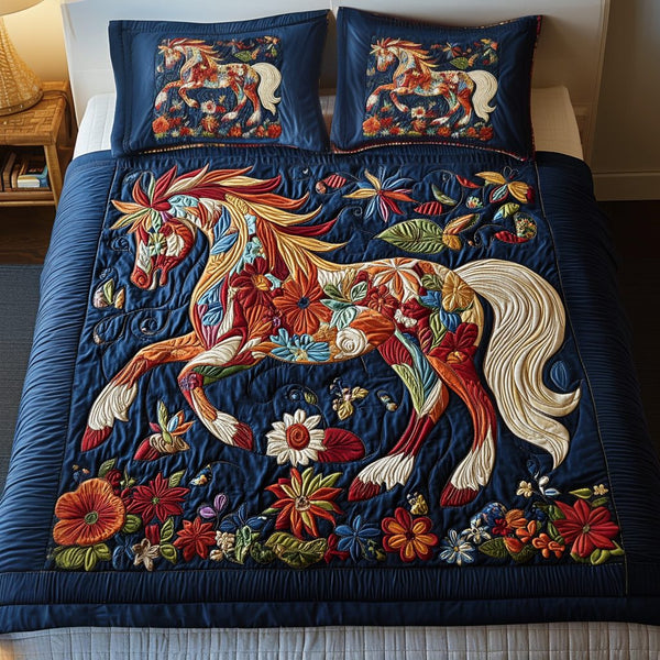 Garden Gallop quilted 3-piece bedding set on a made bed with two matching pillow shams