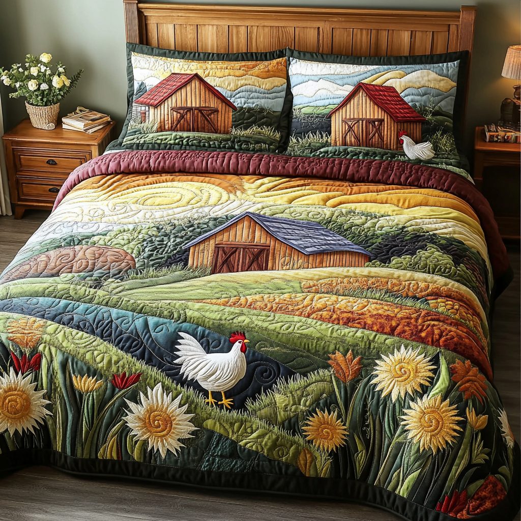 Garden Gate Dreams quilted 3-piece bedding set on a made bed with two matching pillow shams
