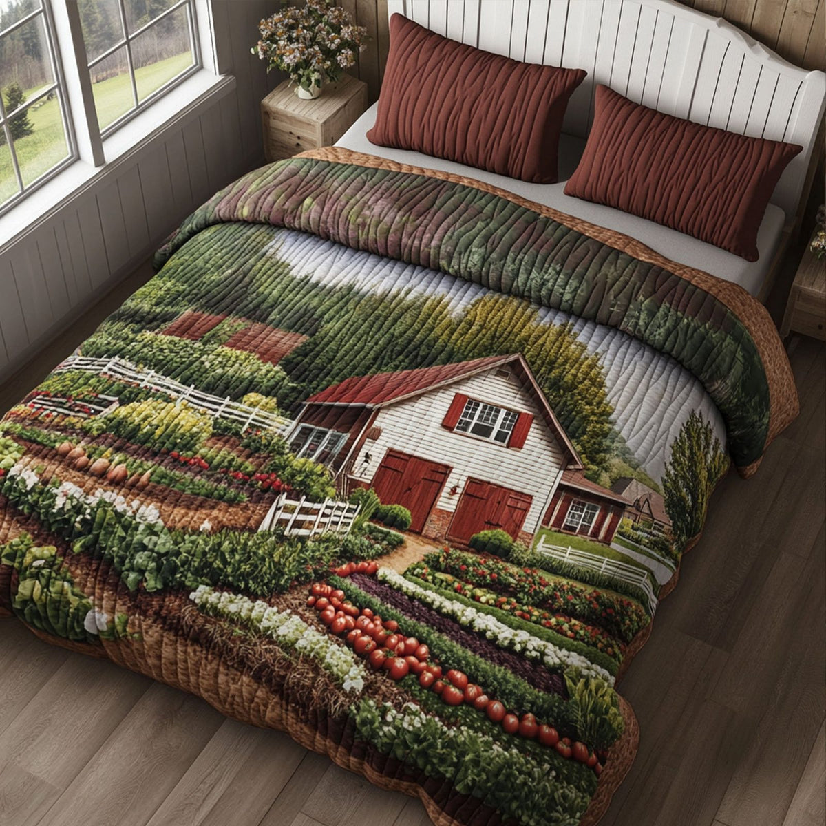 Garden Gateway quilted 3-piece bedding set on a made bed with two matching pillow shams