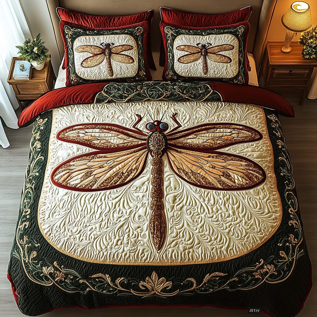 Garden Glider quilted 3-piece bedding set on a made bed with two matching pillow shams