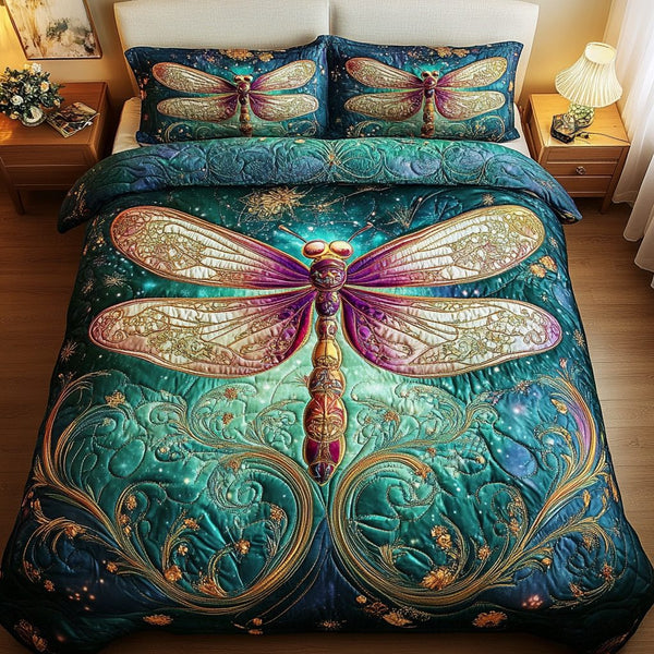 Garden Glider quilted 3-piece bedding set on a made bed with two matching pillow shams