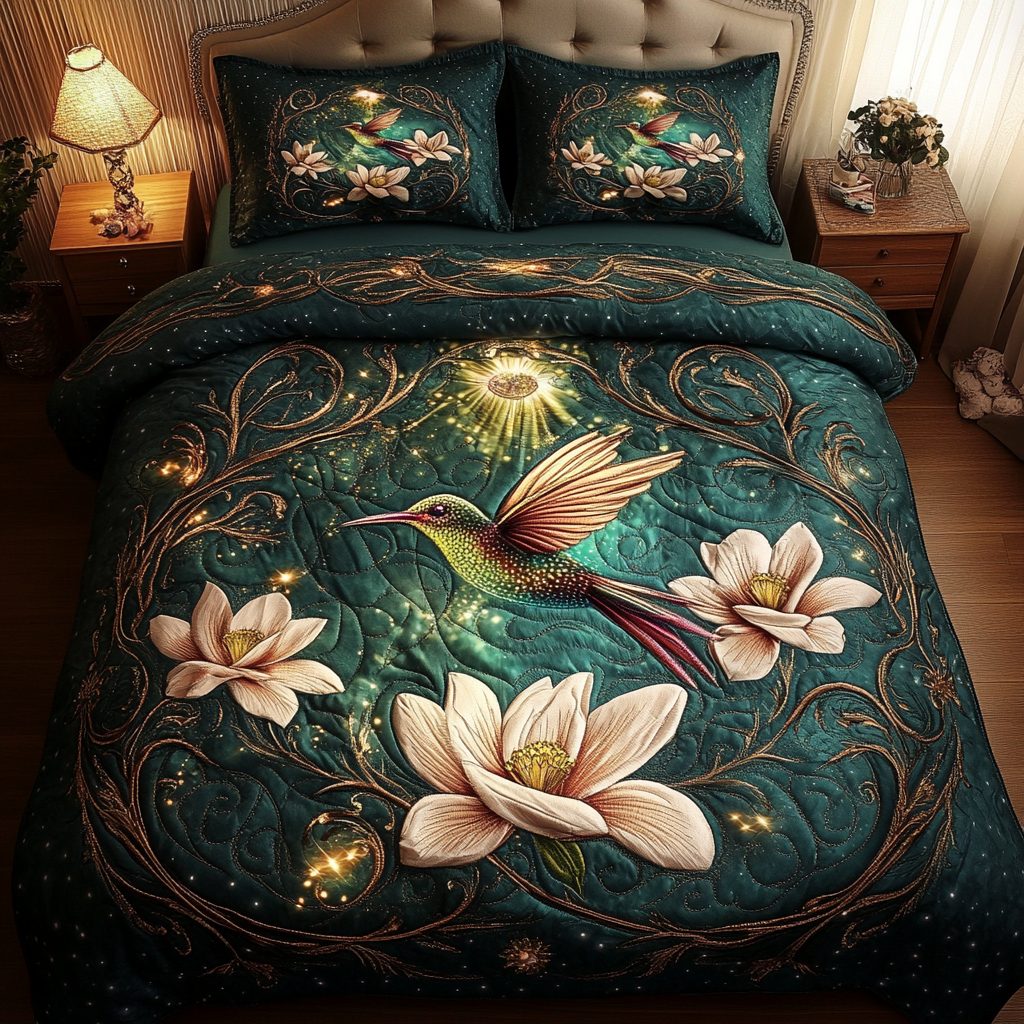 Garden Glimmer quilted 3-piece bedding set on a made bed with two matching pillow shams