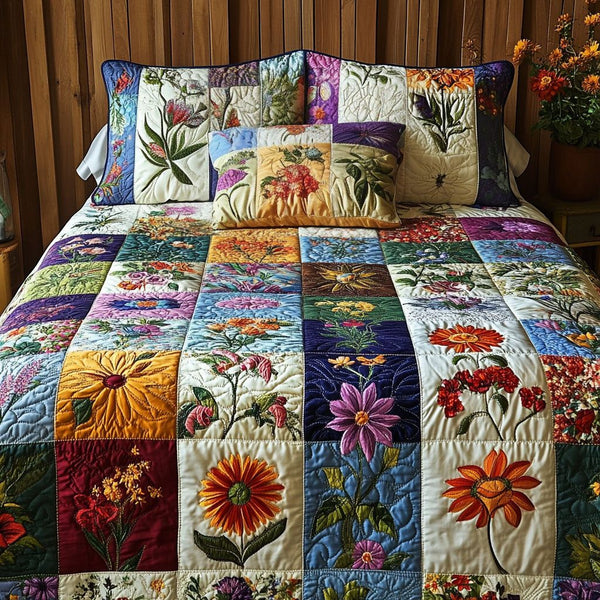 Garden Glow Patchwork quilted 3-piece bedding set on a made bed in a farmhouse bedroom