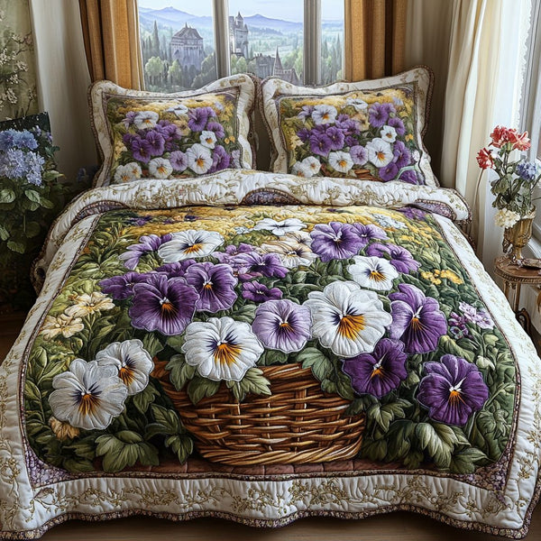 Garden Glow quilted 3-piece bedding set on a made bed with two matching pillow shams