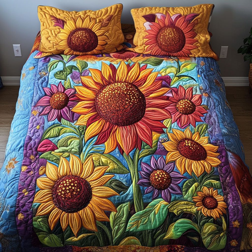 Garden Glow quilted 3-piece bedding set on a made bed with two matching pillow shams