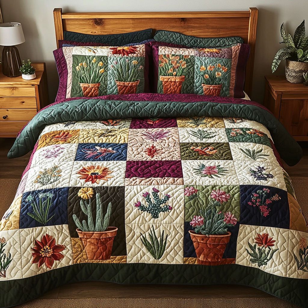 Garden Glow quilted 3-piece bedding set on a made bed with two matching pillow shams