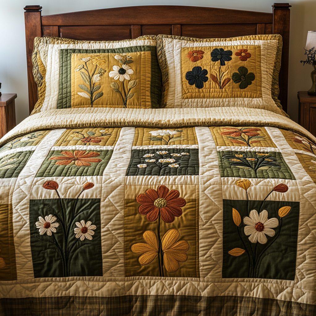Garden Glow quilted 3-piece bedding set on a made bed with two matching pillow shams