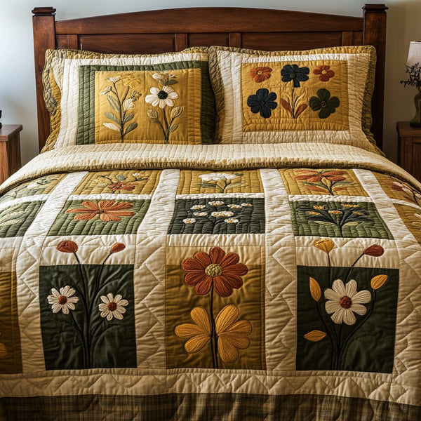 Garden Glow quilted 3-piece bedding set on a made bed with two matching pillow shams