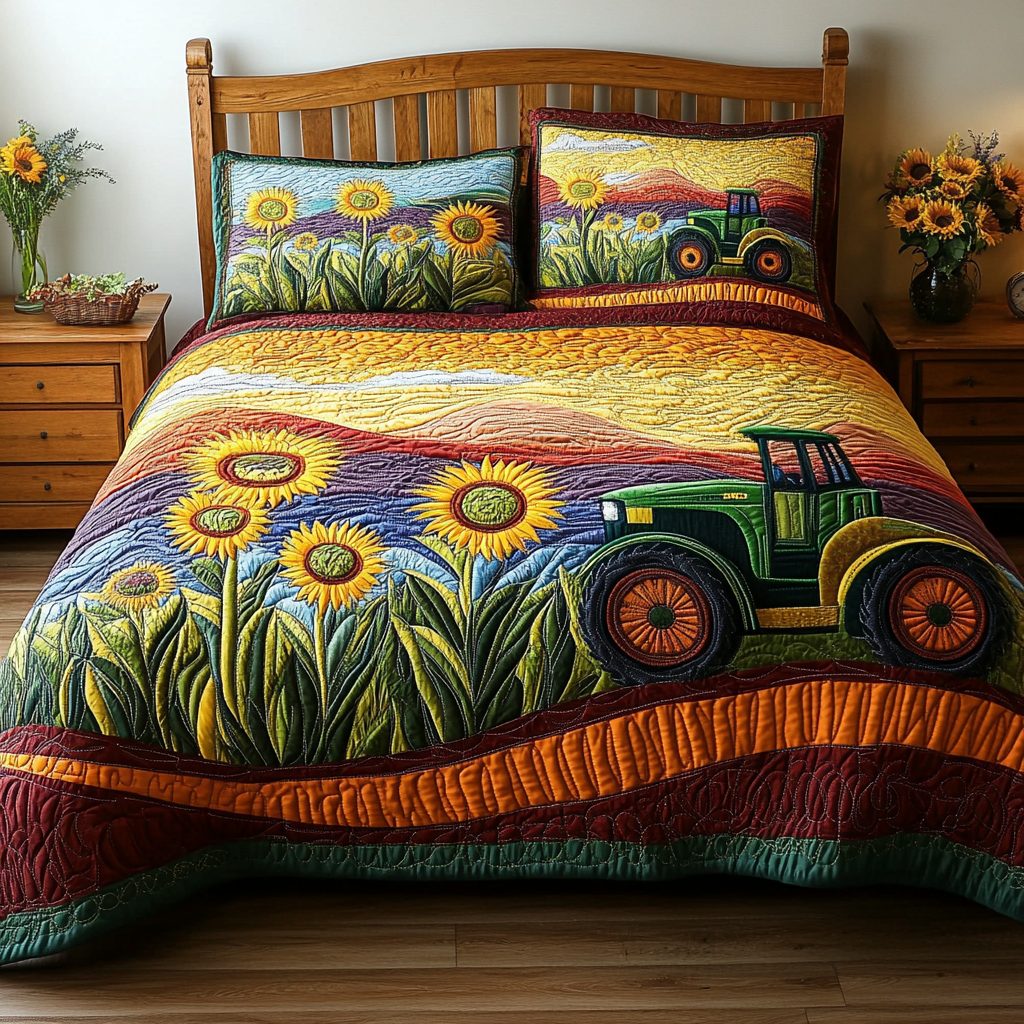 Garden Glow quilted 3-piece bedding set on a made bed with two matching pillow shams