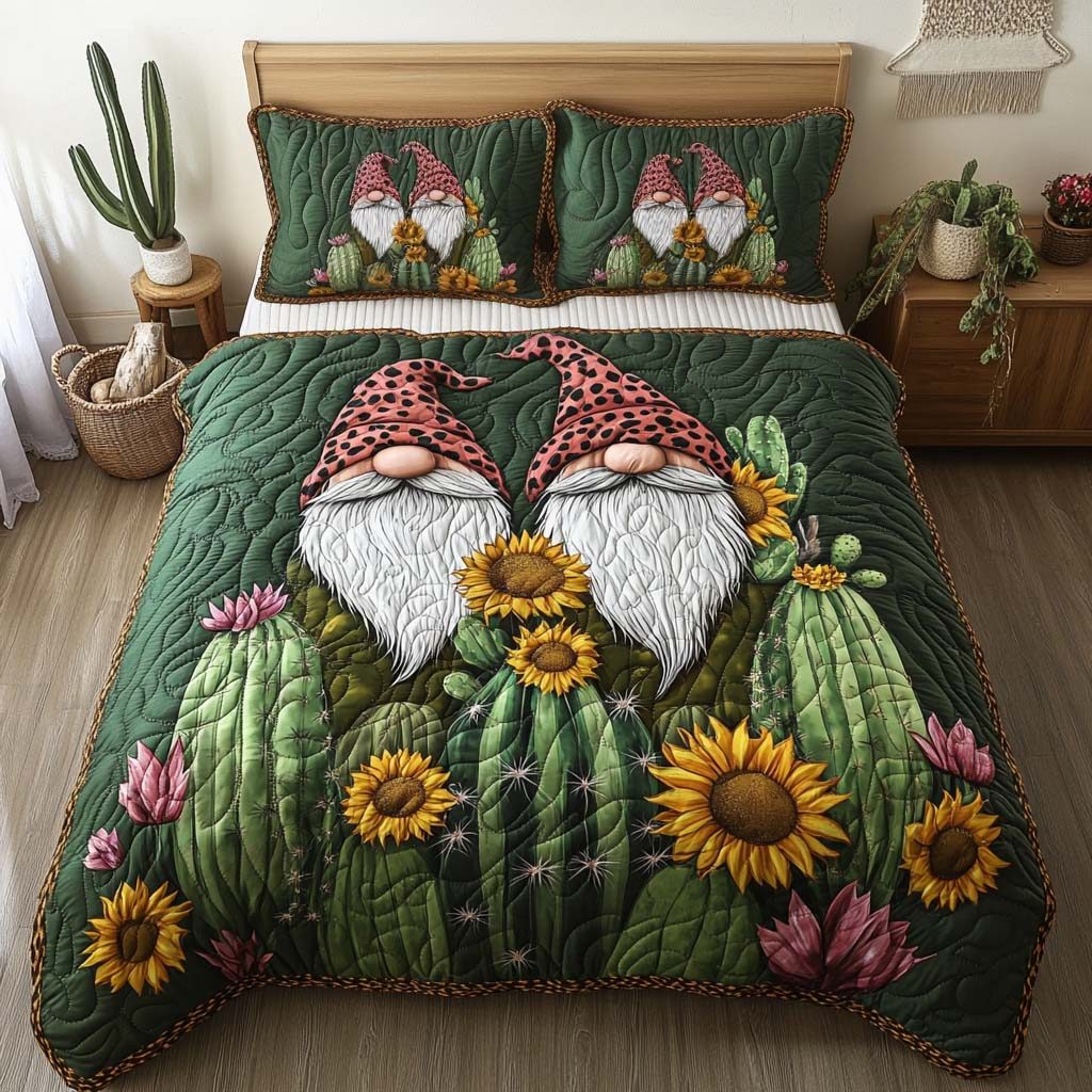 Garden Gnome Gathering quilted 3-piece bedding set on a made bed in a winter-styled bedroom