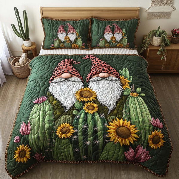 Garden Gnome Gathering quilted 3-piece bedding set on a made bed in a winter-styled bedroom