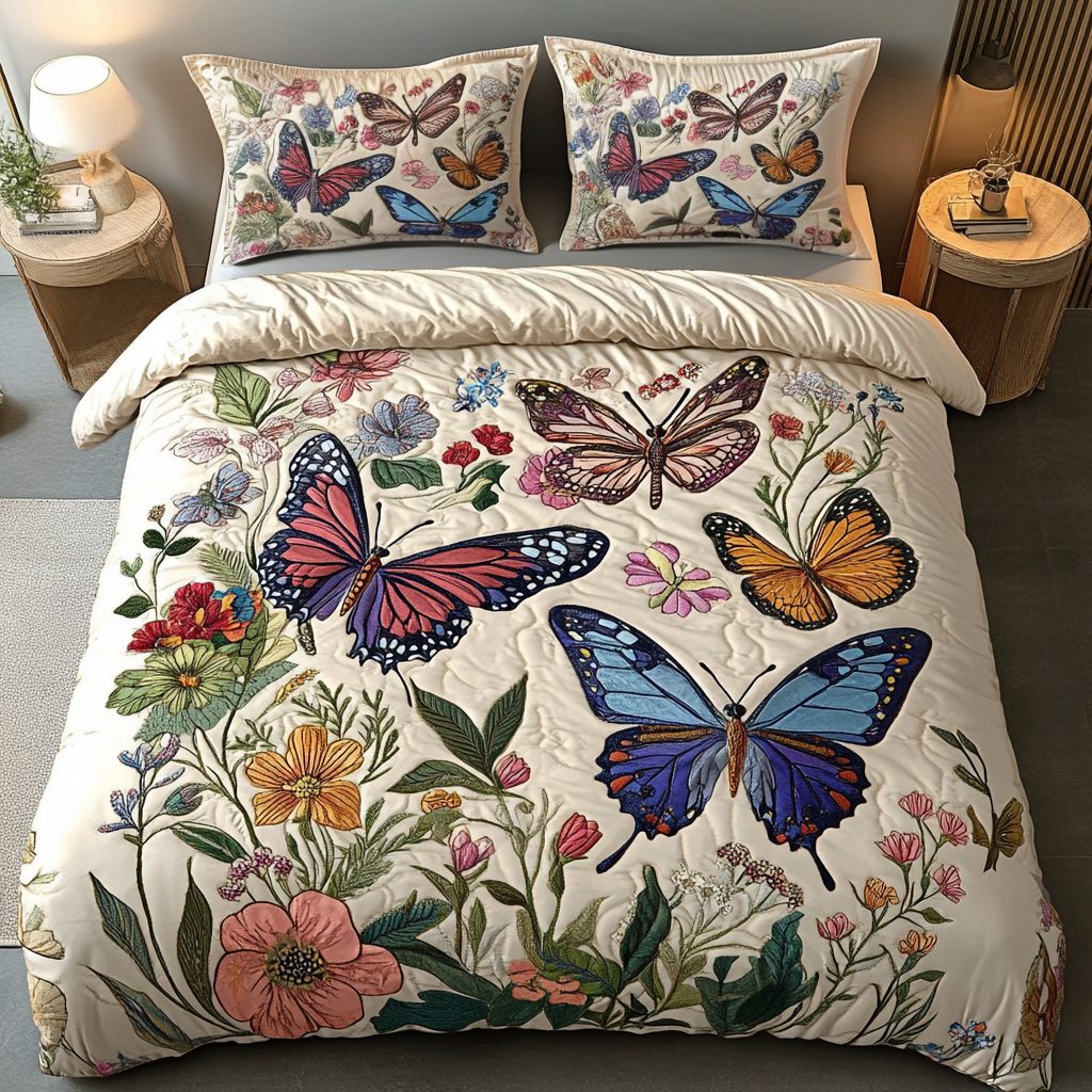 Garden Grace quilted 3-piece bedding set on a made bed with two matching pillow shams