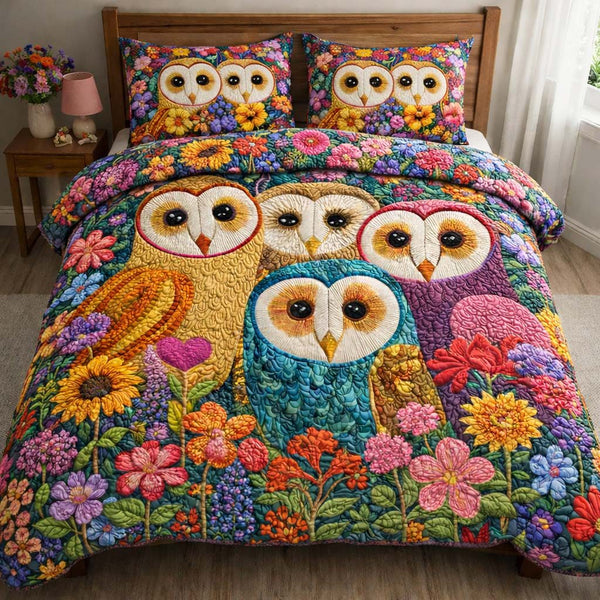 Garden Harmony Owls quilted 3-piece bedding set on a made bed with two matching pillow shams