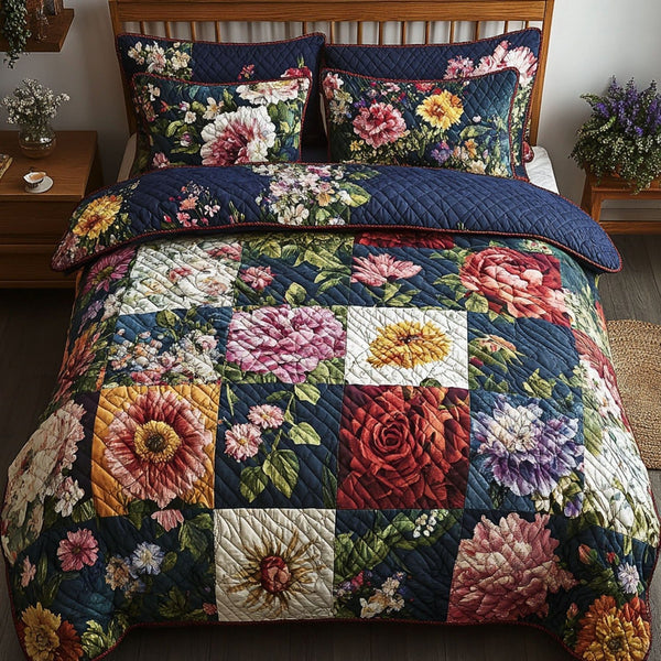 Garden Harmony Patchwork quilted 3-piece bedding set on a made bed in a farmhouse bedroom