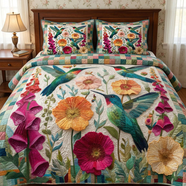 Garden Harmony quilted 3-piece bedding set on a made bed with two matching pillow shams